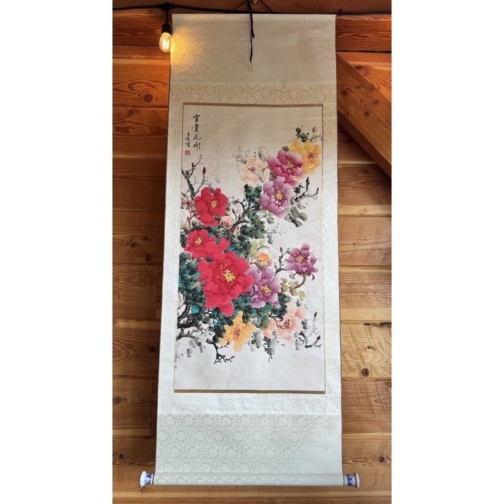 Chinese Hand Painted Scroll Watercolor Flowers Pink Red Yellow Peonies